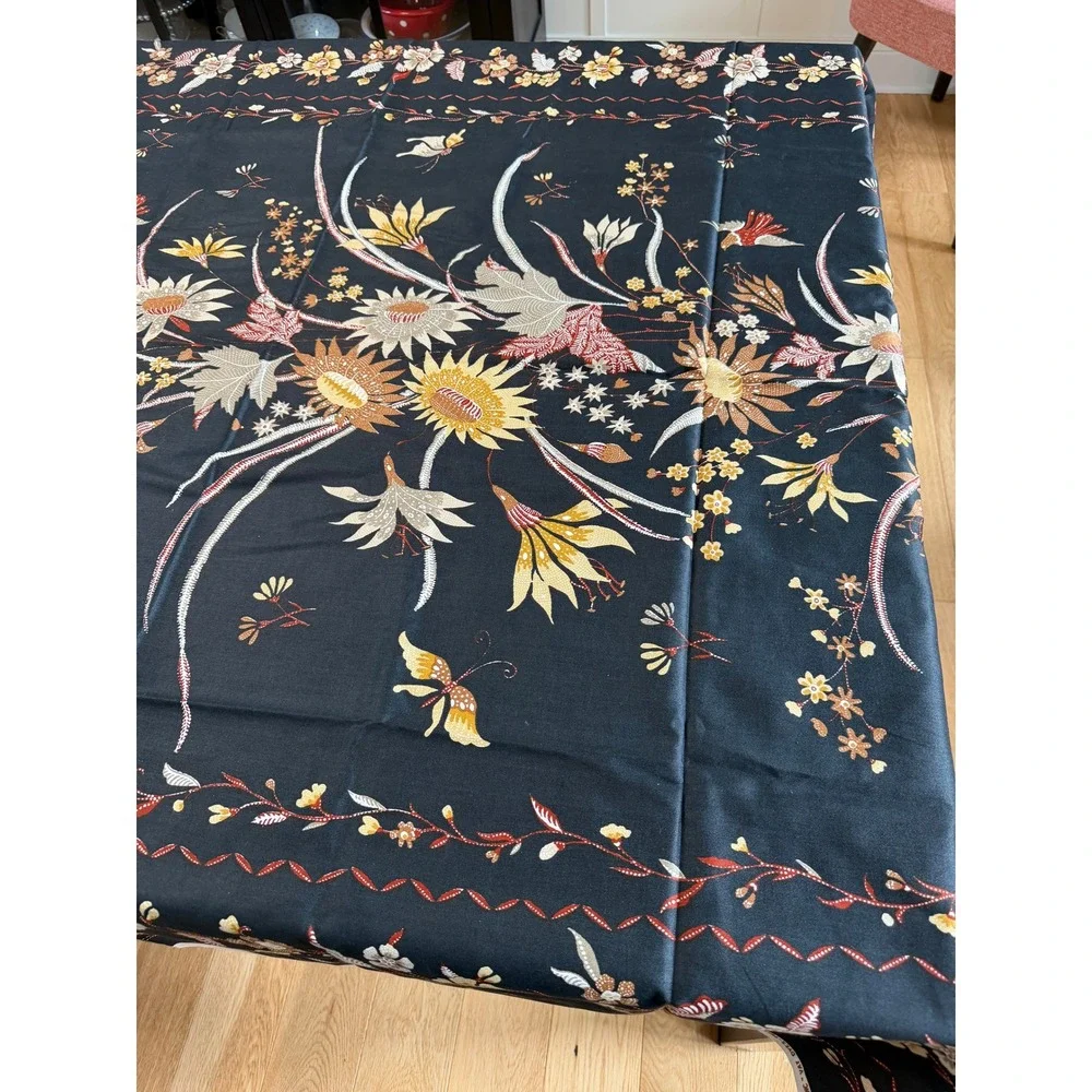 VTG 5th Ave Designs Botanical Fabric 56x62 Black Vat Dye Screen Printed Cotton